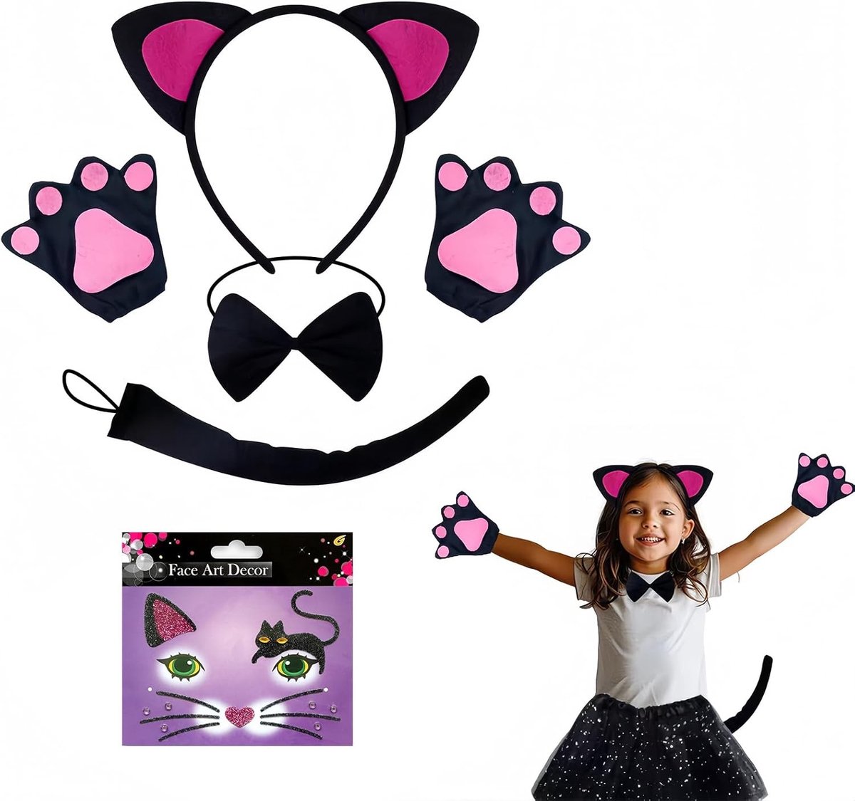 Dames Kattenkostuum Set met Oren, Haarband, Strik, Handschoenen, Staart en Gezichtsstickers voor Carnaval, Halloween en Cosplay Feesten