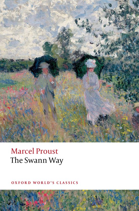 Livre : Marcel Proust, La Voie de Swann. Avec une peinture de deux personnages tenant des parapluies dans un champ.