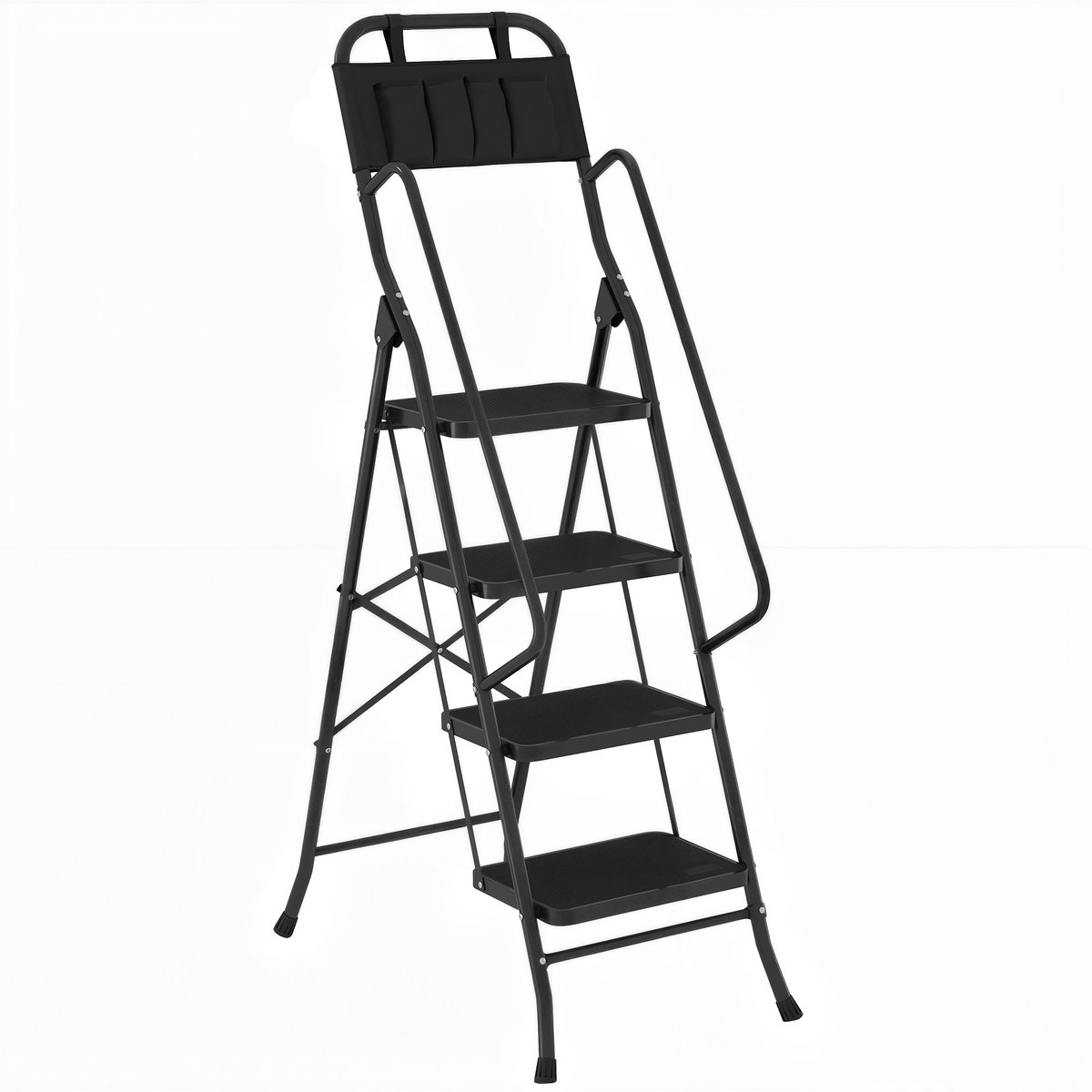 Trapladder 4 Treden - Met Gereedschapstas - Brede Treden - Antislip - Opklapbaar - Zwart