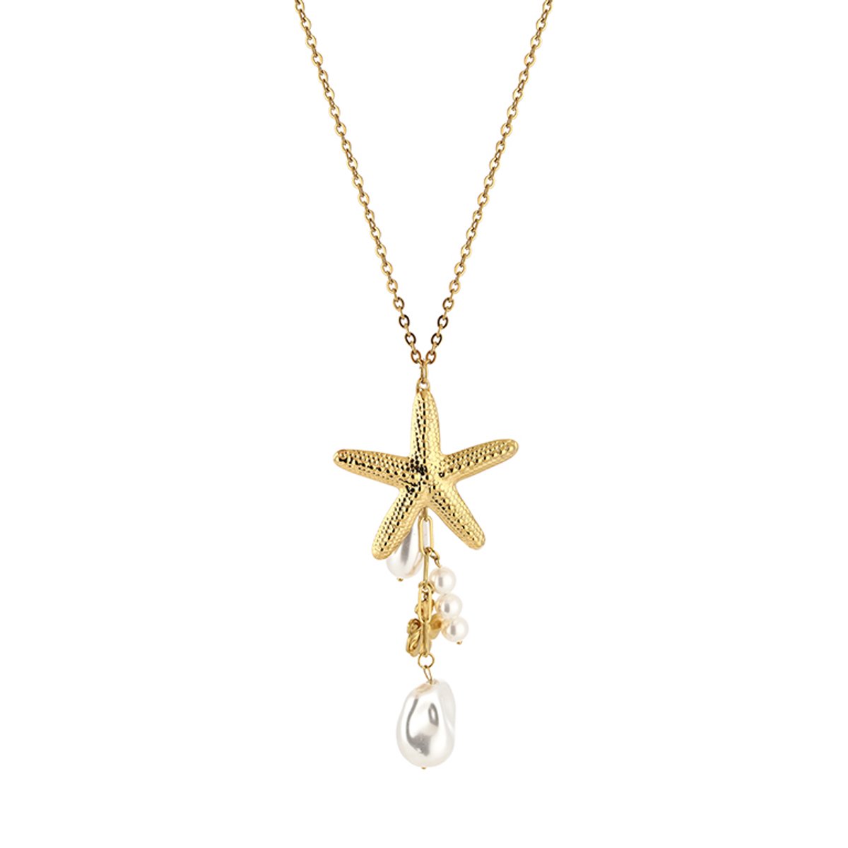 Starfish & Shell Charms Cable Chain Necklace – Ketting met Zeester en Bedels – RVS - Wit