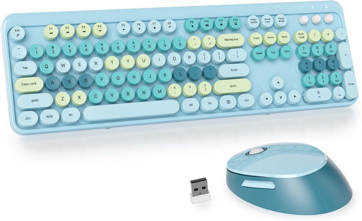 Draadloos toetsenbord en muis combo - retro typemachine stijl - kleurrijke ronde toetsen - ergonomisch ontwerp - SnelShoppen