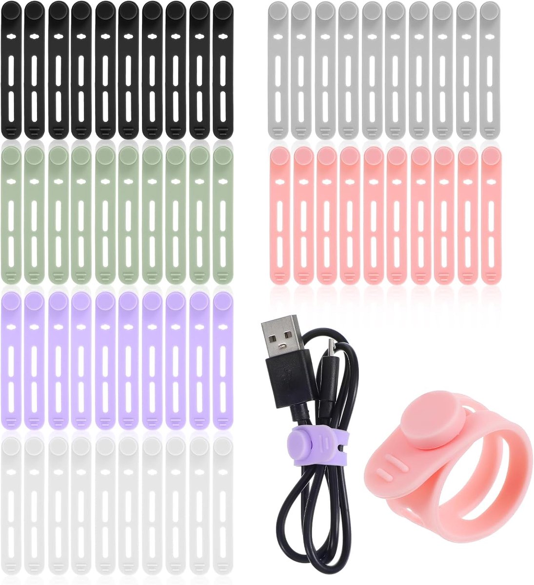 SnelShoppen - Pack van 60 Silicone Kabelbinders 8mm, Herbruikbare Knoopjes voor Oplaadkabels, Audio- en Netwerkkabels, Organisatiehulp voor Thuis en O