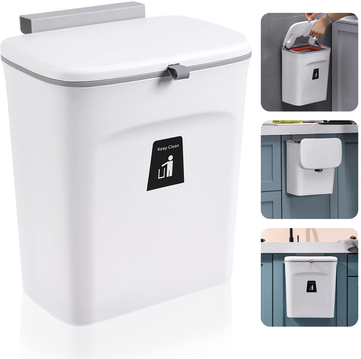 hangend met deksel, 9 l, campingvuilnisbak, compostemmer keuken, badkamer, werkblad of gootsteen (wit)