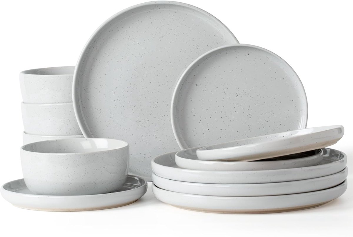 Milkyway 12-delig servies voor 4, borden en kommen, lichtgrijs | Keramieken servies set met dinerborden, dessertborden en ontbijtkommen – geschikt voor magnetron en vaatwasser