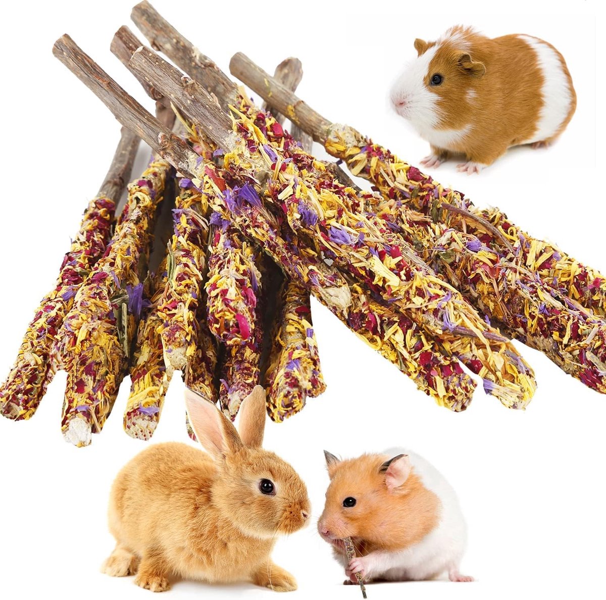Speelgoedset, 18 stuks, appelstokjes natuurlijke roos goudsbloem voor konijnen, hamsters, cavia's, chinchilla lekkernijen, tandverzorging molar speelgoed konijn chew speelgoed