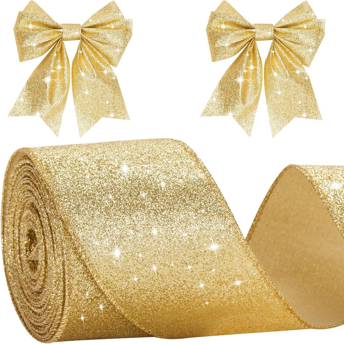 Gouden bedrade glitter kerstlint - 6 cm metallic inpaklint voor geschenkverpakking, kransen, ambachten, kerstbomen en bruiloften - 10 m