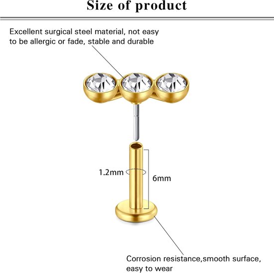 Gouden Kraakbeen Helix Oorbellen Voor Vrouwen CZ 16G Rvs 6mm Tragus Conch Labret Oor Piercing Sieraden — afbeelding 4