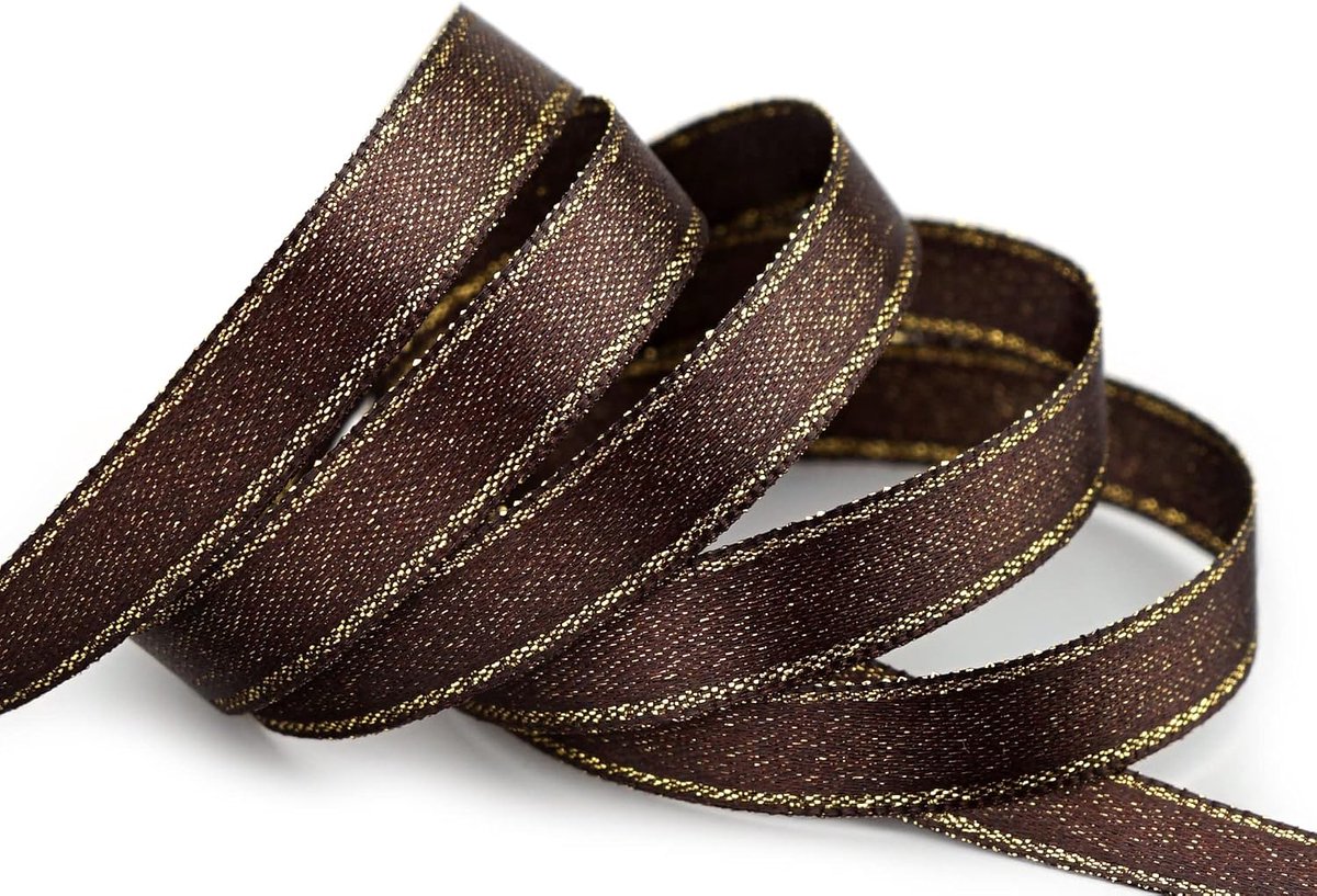 20 m x 10 mm satijnen lint glanzend met Lurex BRUIN donkerbruin goud dubbelzijdig lint van satijn zonder draad zacht en glanzend cadeaulint decoratielint decoreren Kerstmis