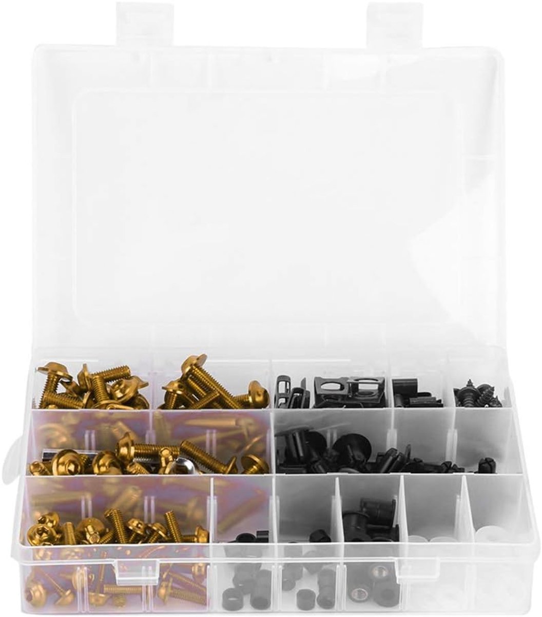 223-delige kuipboutenset, universele kuipboutset voor motorfietsen Schroeven Bevestigingsmiddelen Carrosseriemontagesets Ringen Moeren Schroeven Clips Assortiment(Goud)