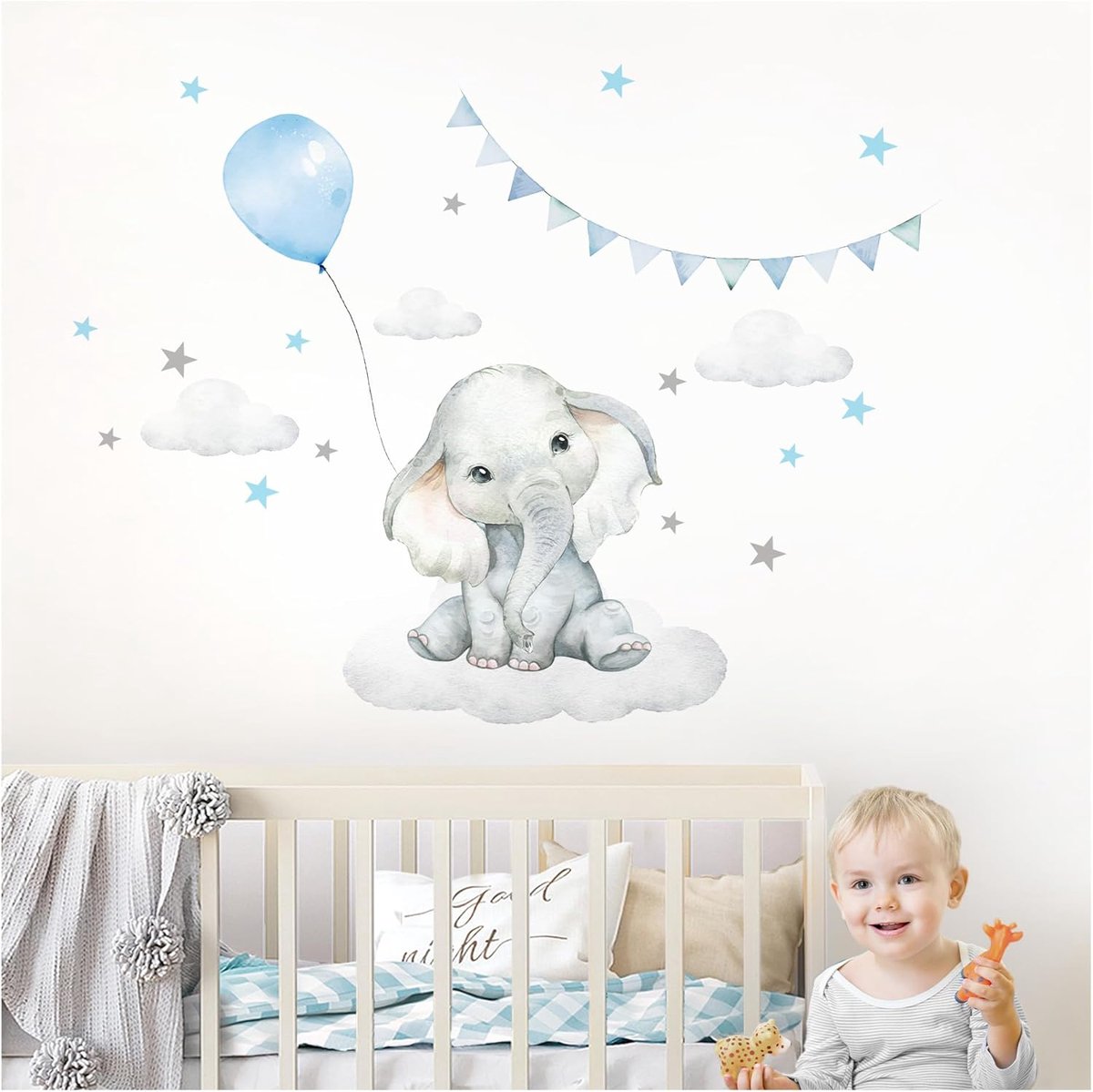 Deco Muursticker muursticker kinderkamer deco jongen dieren olifant ballon wolken sticker babykamer blauw speelkamer muurschildering zelfklevend DL891-2