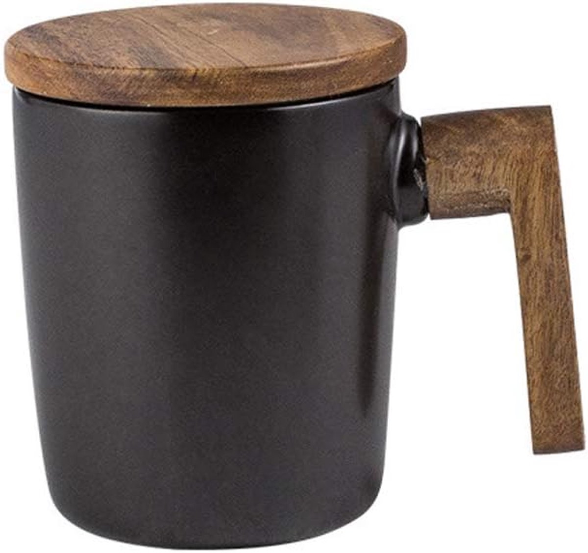 Mok met Houten Deksel en Houten Handvat, Koffiemok, Eenvoudige Koffiemok, Porseleinen Melkmok, Geschenkmok, 350ml (Zwart)