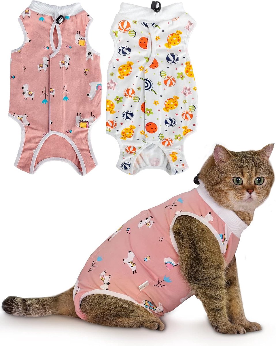 Herstelpak voor katten, ademende onesie voor katten voor chirurgie, herstel van buikwonden, 2 stuks | Herstel- en beschermingsvest voor katten, anti-likken, ademend, kattenherstelpak na operatie, S-L