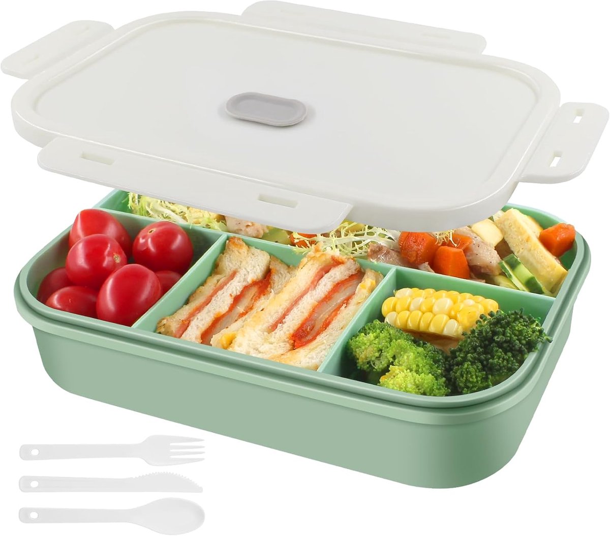 Broodtrommel met 4 vakken, volwassenen en kinderen, lunchbox, 1400 ml, groen | Lunchbox met vakken voor volwassenen, met afdichtring, lekvrij, BPA-vrij