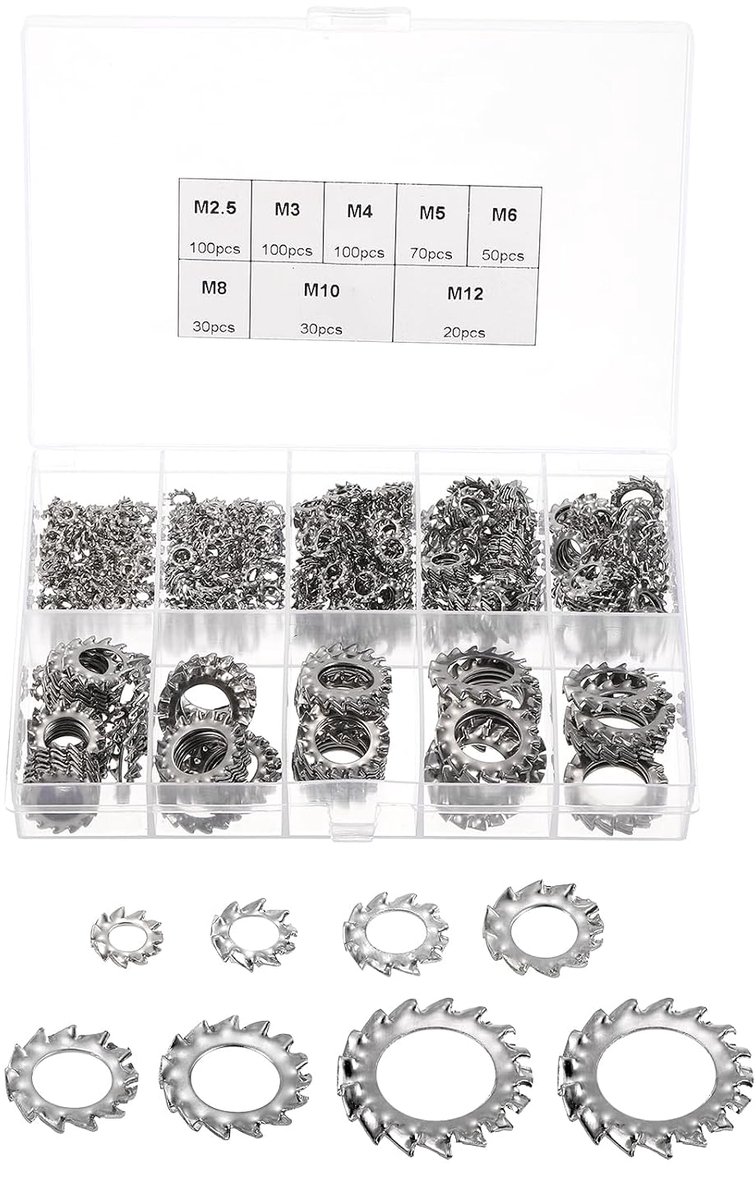 500 stuks assortiment sluitringen stersluitingen met buitentanden, van roestvrij staal 304 M2,5/M3/M4/M5/M6/M8/M10/M12 - voor bevestigingen van mechanische apparaten