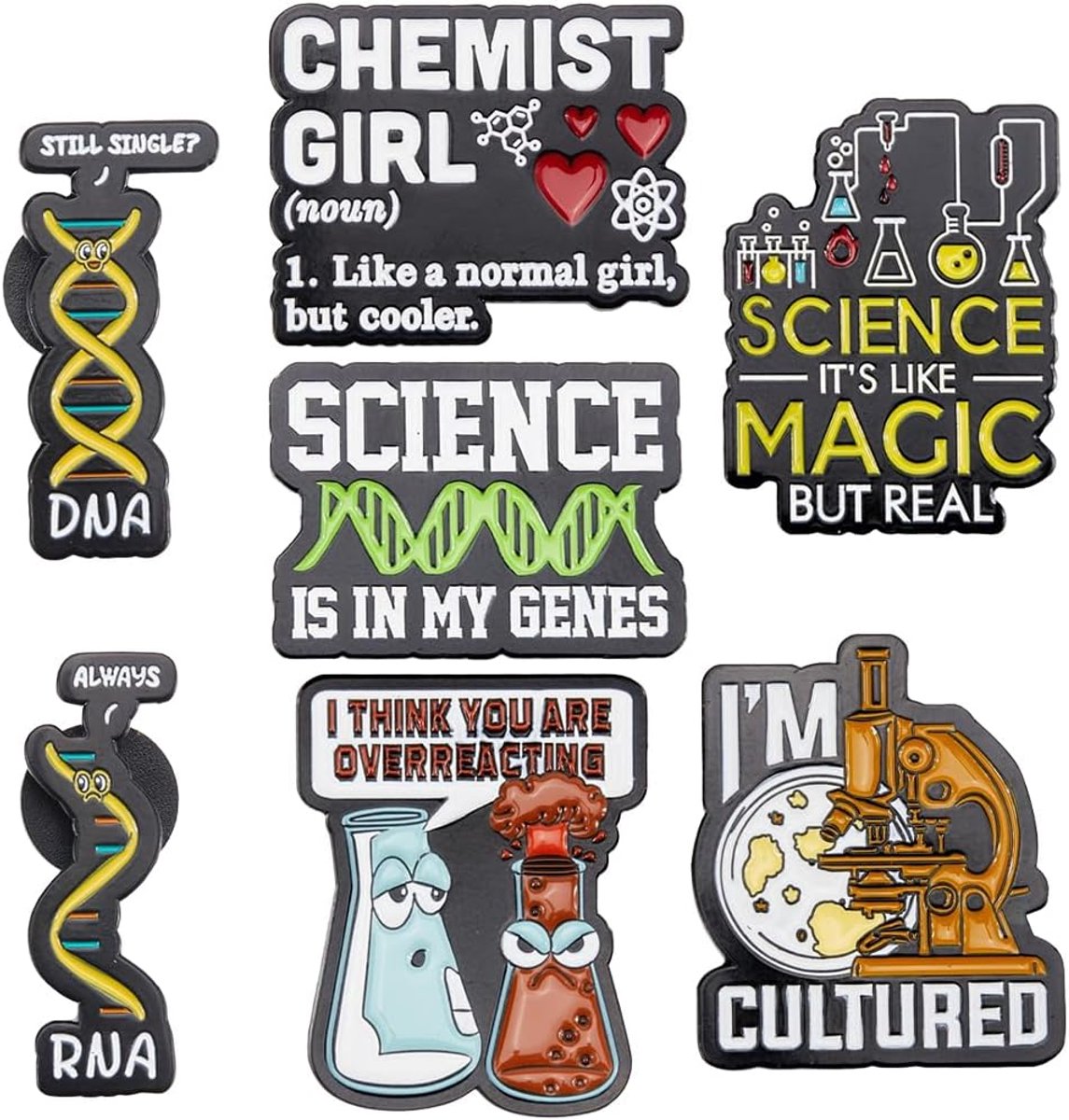 1 Doos 7Pcs Wetenschap Broche Biologie Pins Bulk Metalen Legering Emaille Plated Cartoon Wetenschapper Chemie School Studie Laboratorium Fles Revers Pin voor Tas Kleding Hoed Decor Party