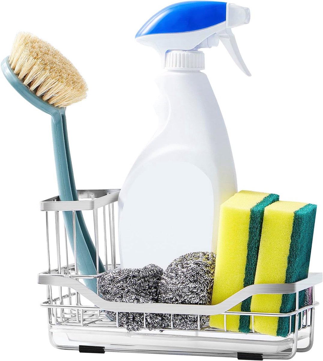 Sponshouder voor gootsteen, roestvrijstalen gootsteenhouder met afneembare borstelhouder, gootsteenorganizer met trekbare afvoerbak voor aanrecht in de keuken (zilver)