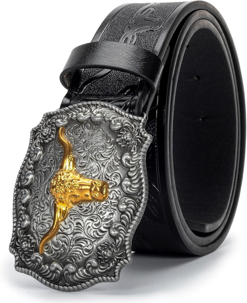 Heren westerse cowboyriem - Longhorn Bull patroon gesp riem met bloemen reliëf PU-lederen riemen