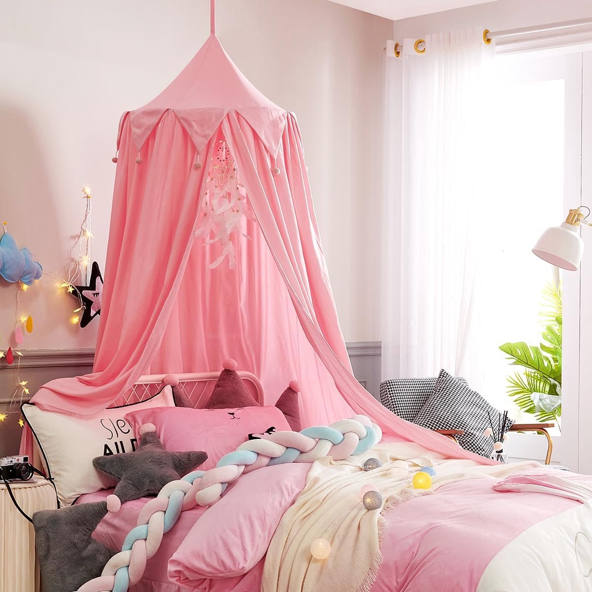 Bedhemel voor Meisjes Jongens Kinderen, Ronde Koepel Bedhemel Klamboe Bescherming Luifel Speeltent Slaapkamer Kinderkamer Decoratie Hangend Gordijn Net (Donkerroze)