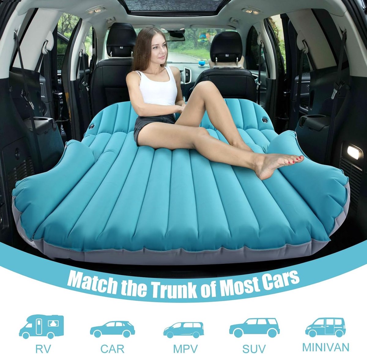 SUV-luchtmatras, verdikt en dubbelzijdig vlokken, reizen, campingbed, opblaasbaar bed met elektrische pomp voor SUV-kofferbak en achterbank