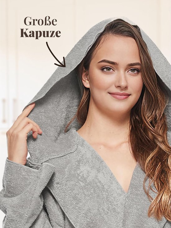Badjas voor dames, 100% katoen (340 g/m²) met capuchon, extra lang, Oeko-Tex, wollige badjas, saunajas, ochtendjas, huisjas — afbeelding 2