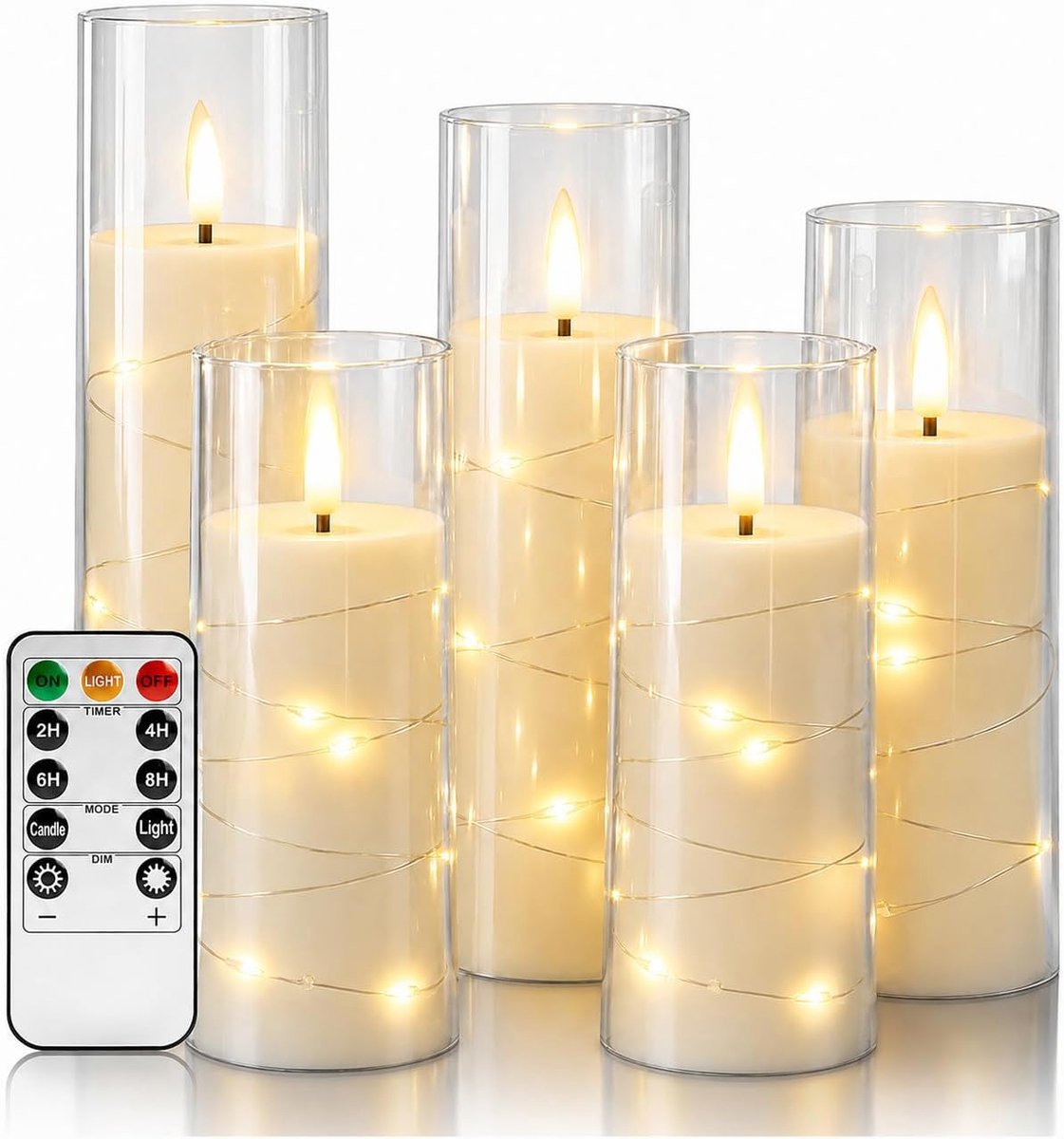 5 Pack Ivoor Transparante Taper Kaarsen, Zwarte Wick Flickering Vlamloze LED Kaarsen met Fairy Lights, Hittebestendige Herbruikbare Plastic Kaarsen, Afstandsbediening, 14/14/16/18/20cm, Indoor Outdoor