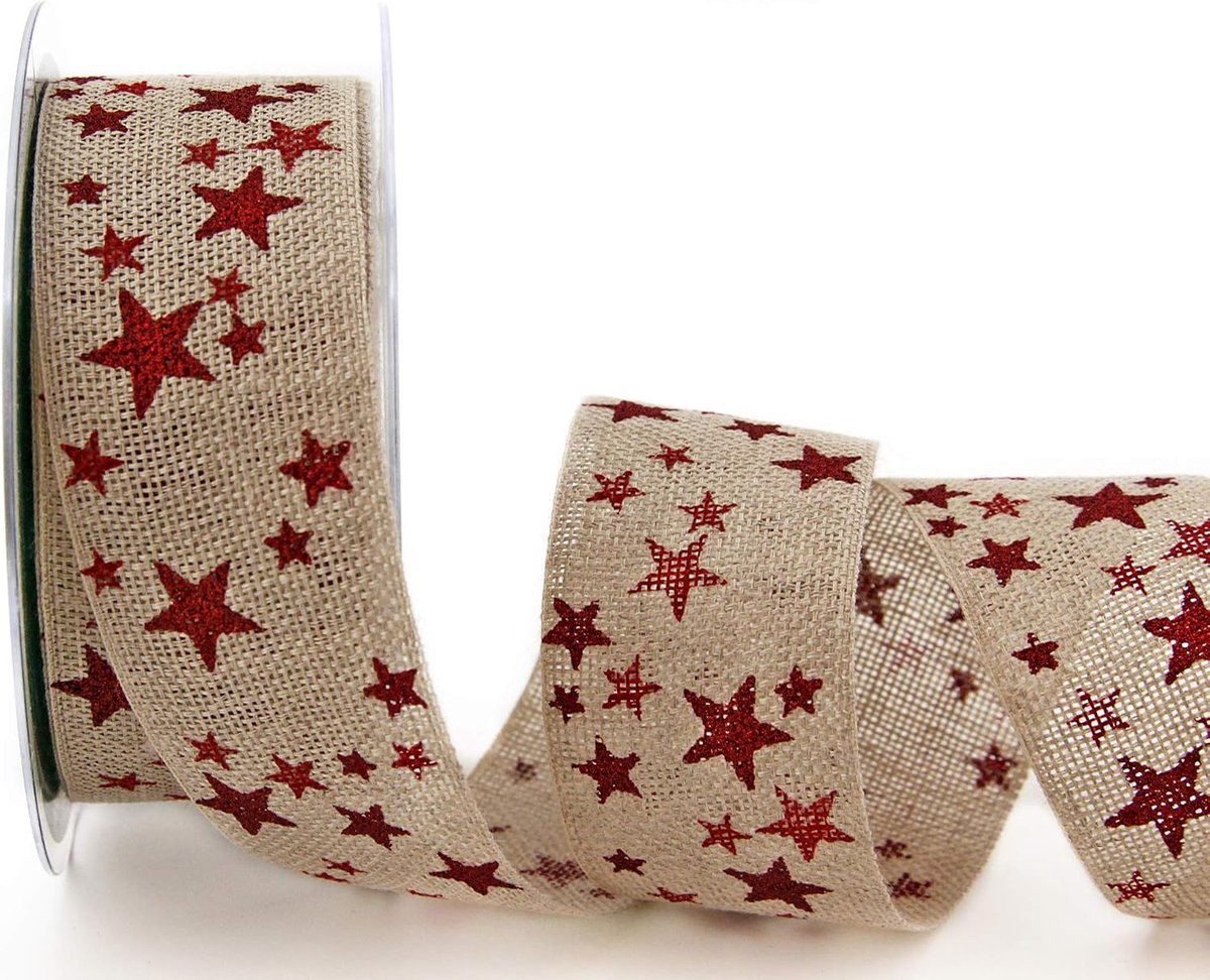 Stars, decoratief lint, 15 m x 40 mm, natuurlijk rood, geschenklint, 100% linnen, biologisch afbreekbaar, milieuvriendelijk, lint, natuur, stoffen band, landhuis, Kerstmis met sterren