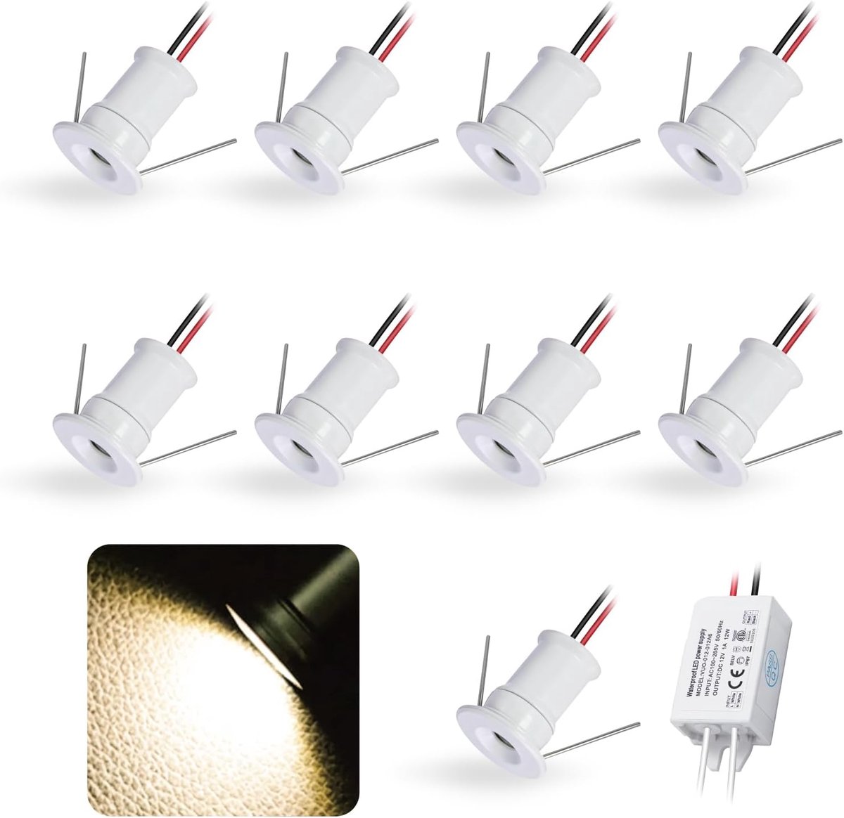 9 stuks 12V 1W Mini LED Inbouwspot, IP65 Waterbestendige Kleine Ronde Inbouwspot, 15mm Plintverlichting voor Kasten Vitrines Wanden Keuken Trappenhuizen en Badkamers(Wit Warm Wit 120°)