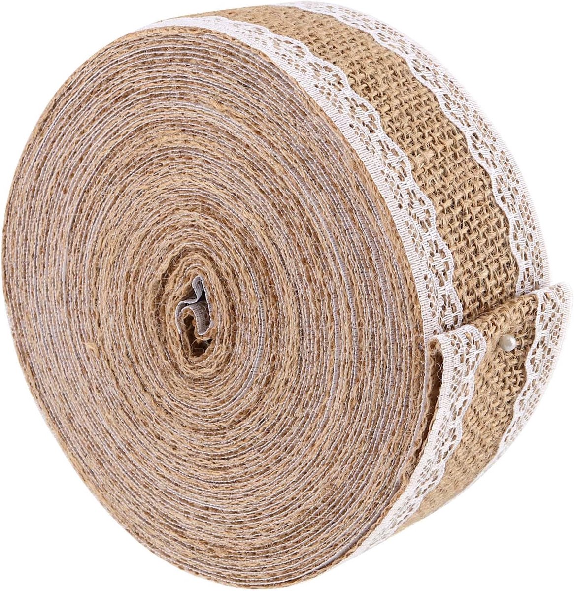 Band met Kant 5 cm x 10 m - Natuurlijk Vintage Lint voor Bruiloft, Kerstmis, Knutselen, Geschenken, Decoratie en Geschenkverpakking