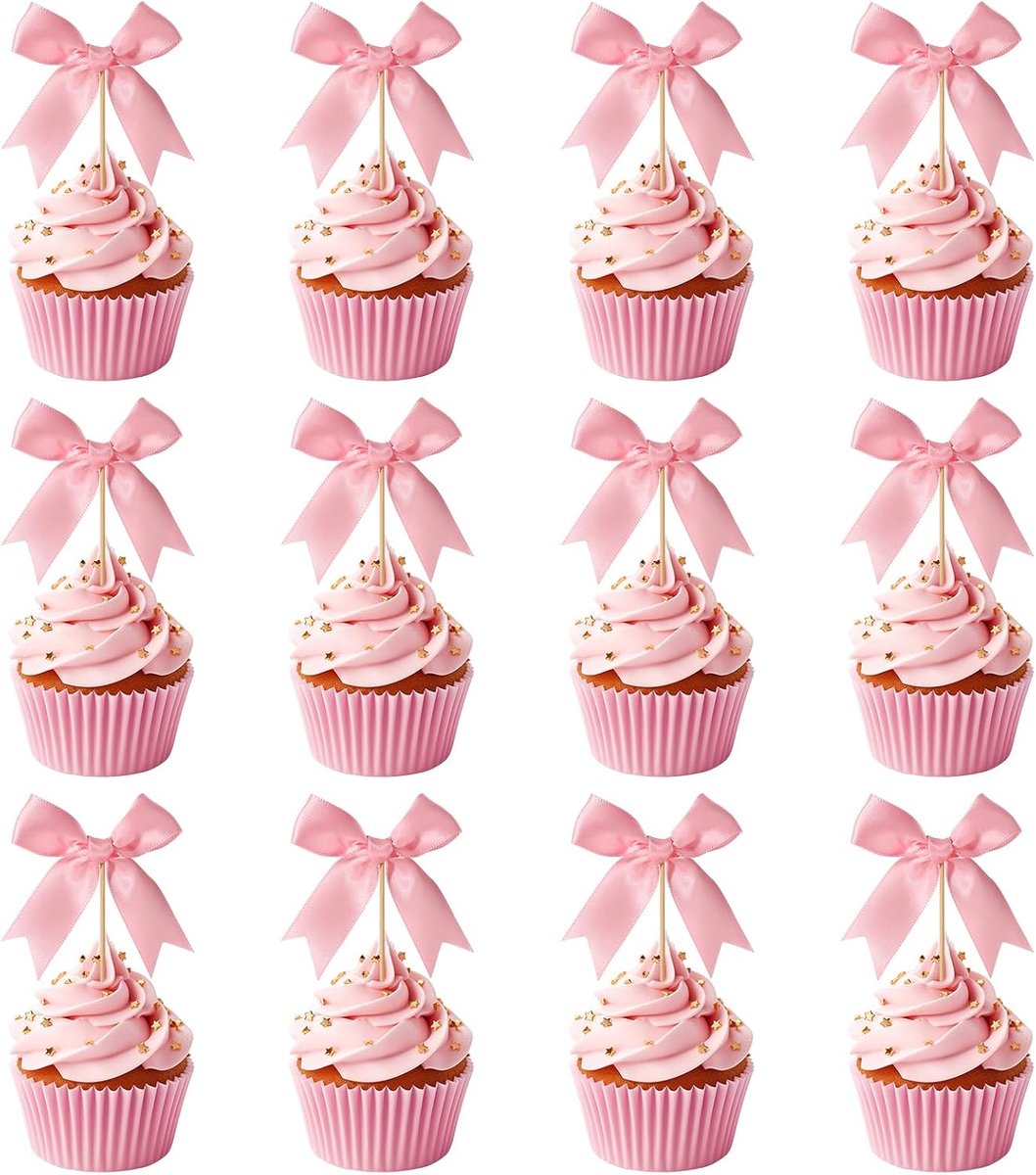 12st Roze Strik Cupcaketoppers, Strik Cupcake Toppers Roze Lint Strik Taarttopper Strik Cupcakeprikkers Roze Strik Verjaardagsdecoraties voor Bruiloft Babyshower Vrijgezellenfeest