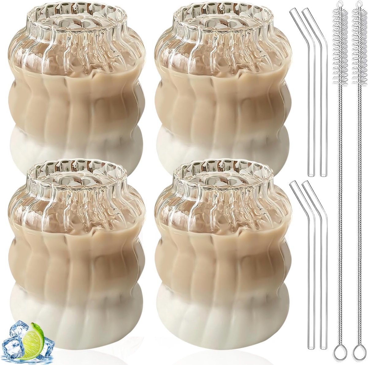 Heldere Glazen Kopjes Ijs Set van 4 Koffie Glazen Kopjes met 4 Rietjes + 2 Rietjesborstels Geribbelde Drinkglazen Dessertglazen Theeglas Geribbelde Koffie Mok voor Thee Melk