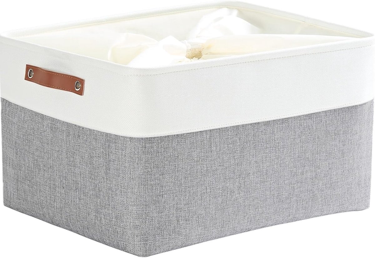 opbergmand stof, grote opbergdoos kast, opbergmand van stof met lederen handgreep voor speelgoed, kleerkast, planken, kleding (XXL, grijs wit)