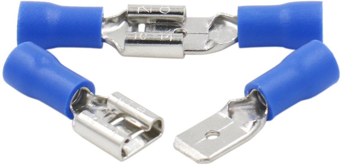 Mannelijk/Vrouwelijk Snel Verbreekt Vinyl Geïsoleerde 6,3 x 0,8 mm Kabelterminal voor 1,5-2,5 mm² (16-14 AWG) Blauw 100Pack
