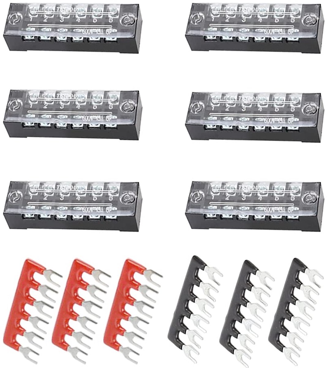 12 stuks schroefklemmenblok dubbele rij 6 posities klemlijst 600V15A + voorgeïsoleerde terminal barrière strip rood/zwart 400V15A(D1506)