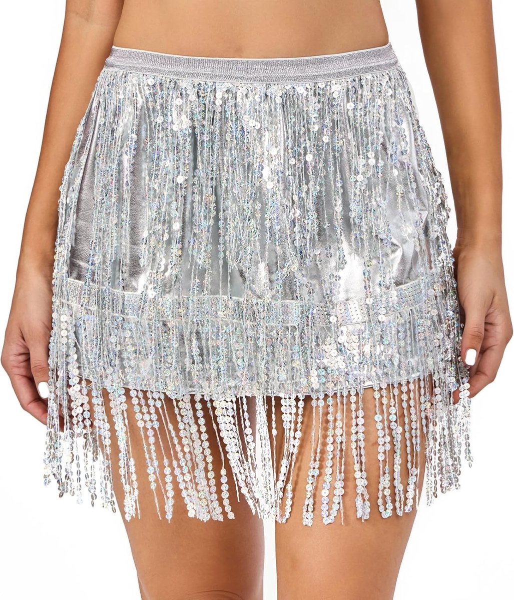 Rok met lovertjes en kwastjes, buikdansrok, rok met glitter en pailletten, sprankelende raverok met franjes, voor vrouwen en meisjes, dansoutfit voor festivals
