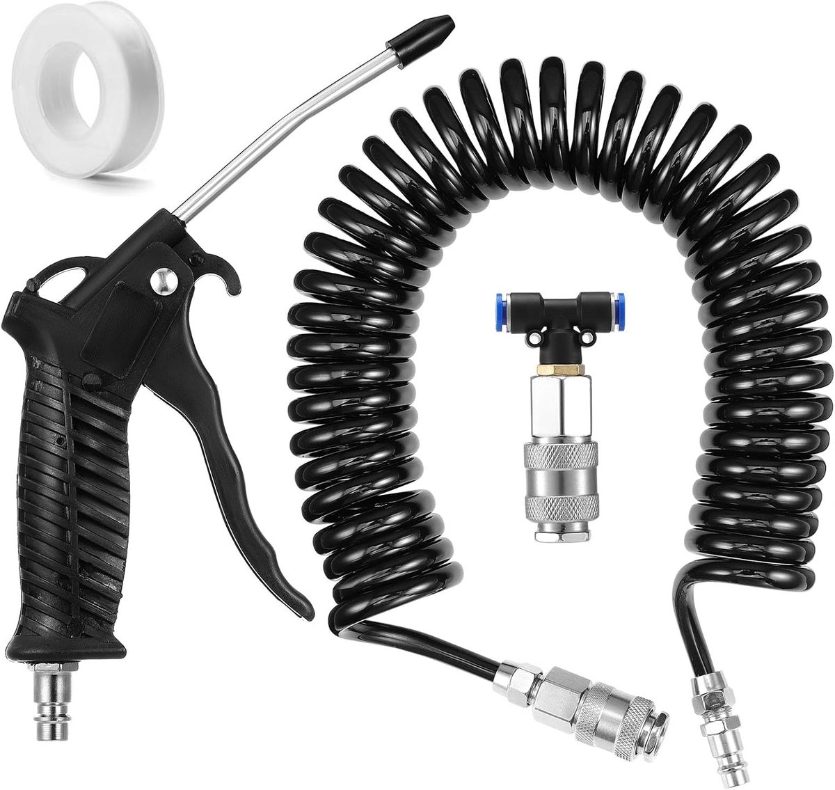 Blaaspistool, vrachtwagen, persluchtpistool, 5 m, persluchtslang, luchtpistool met T-stuk, snelkoppeling (2 x 6 mm), voor vrachtwagen, auto, personenauto, boot