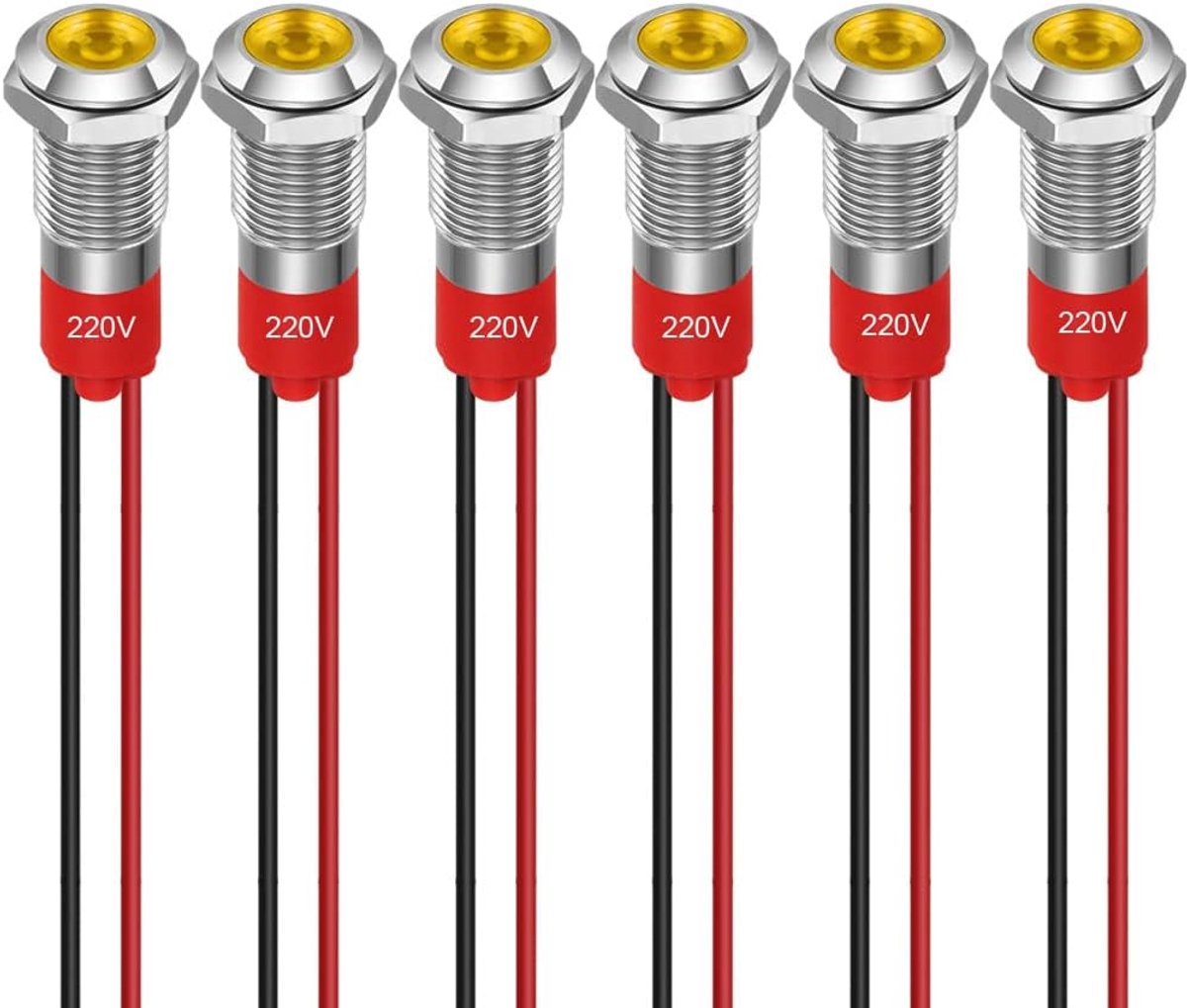 6 stuks 8 mm LED-indicatielampje 220-230V Waterdicht Signaallicht Metalen Paneel LED-indicatielampje Paneelmontage Platte Kop met Draden Zilver Omhulsel (Geel)