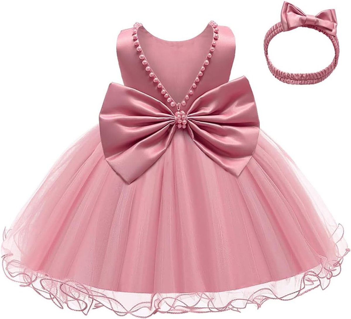 Babyjurk, meisjes, ruches, kant, backless met hoofdband, strik, bloemenjurk, schoonheidwedstrijd, party, bruiloft, 0-24 maanden