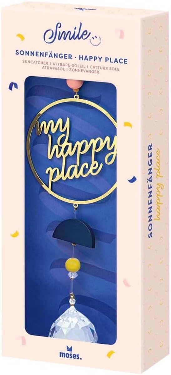 moses. Smile zonnevanger Happy Place, hangende raamdecoratie, windspel van kristalglas met gouden accenten en gekleurde houten elementen, raamlichtspel