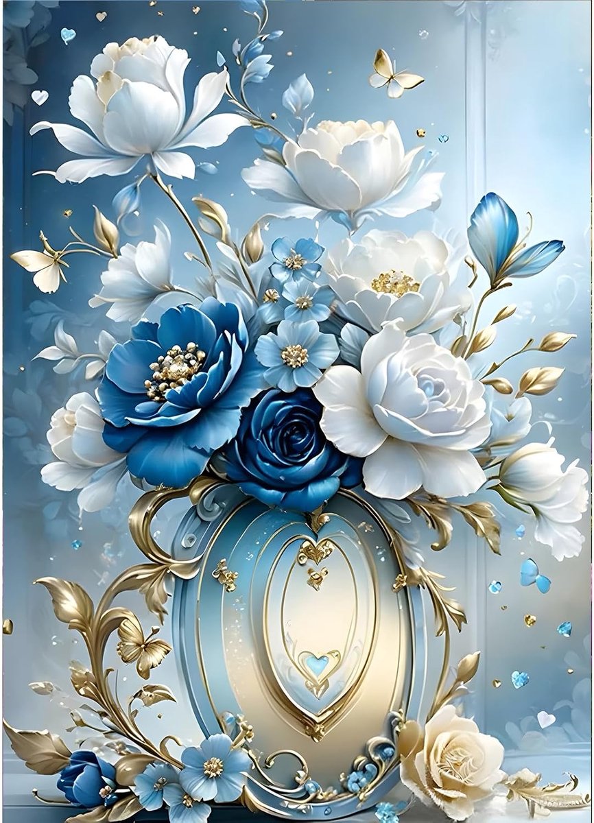 5D Witte en blauwe bloemen diamant schilderij, DIY diamant kunst schilderij sets, bloemen diamant schilderij set voor volwassenen beginners, mozaïek maken, diamant schilderij voor