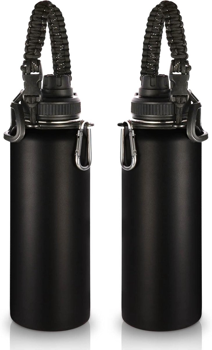 Roestvrijstalen drinkfles, 1200 ml, 2-pack, dubbelwandig, vacuümgeïsoleerd, met paracord-handvat, metalen waterfles, BPA-vrij, voor