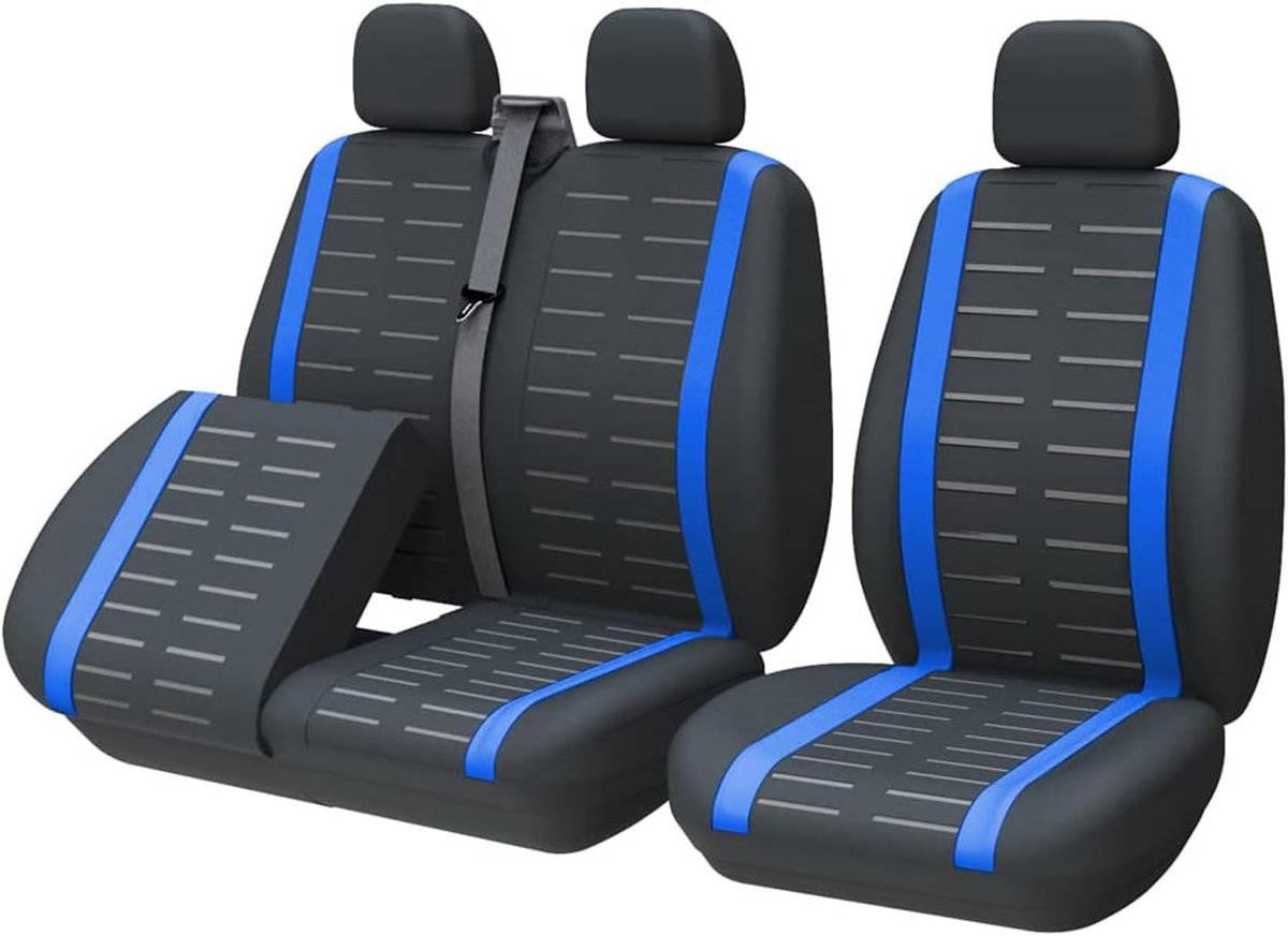 Stoelhoezen voor de meeste busjes, bestelwagens vrachtwagens, ontwerp met aparte bankbodem, toegang tot opslag onder de stoel, enkele en dubbele autostoelhoezen 2+1, blauw