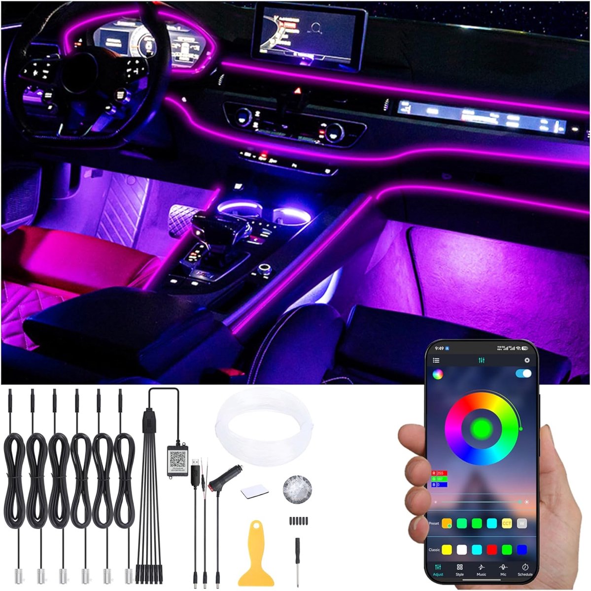 Auto Ambient Verlichting Fiber Optic Kabel 64 Kleuren - Muziek Geluid Actief - APP Besturing voor Sfeerverlichting - SnelShoppen