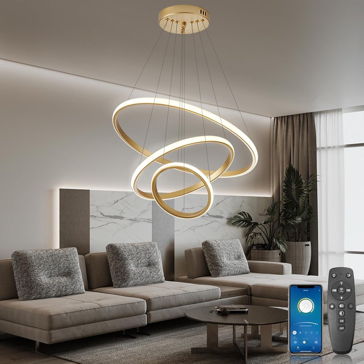Hanglamp 45W 3 LED Ringen - Dimbaar 3000K-6000K - Inclusief afstandsbediening - Ideaal voor woonkamer - SnelShoppen