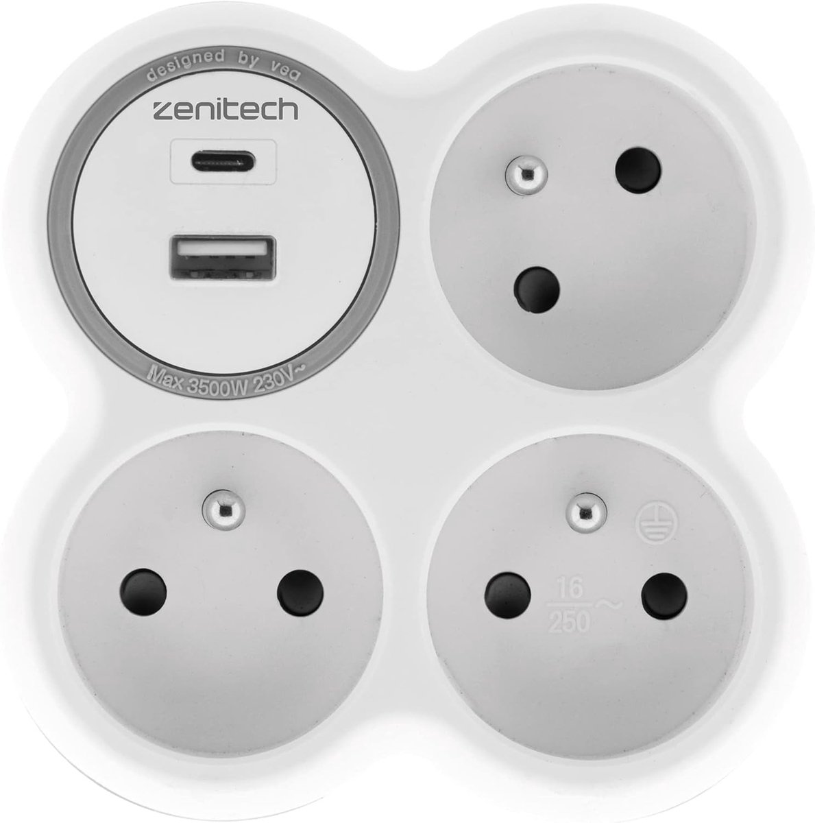 Stekkerdoos met 16A en twee USB A+C - wit en grijs - snel opladen van apparaten - ideaal voor multimedia - SnelShoppen