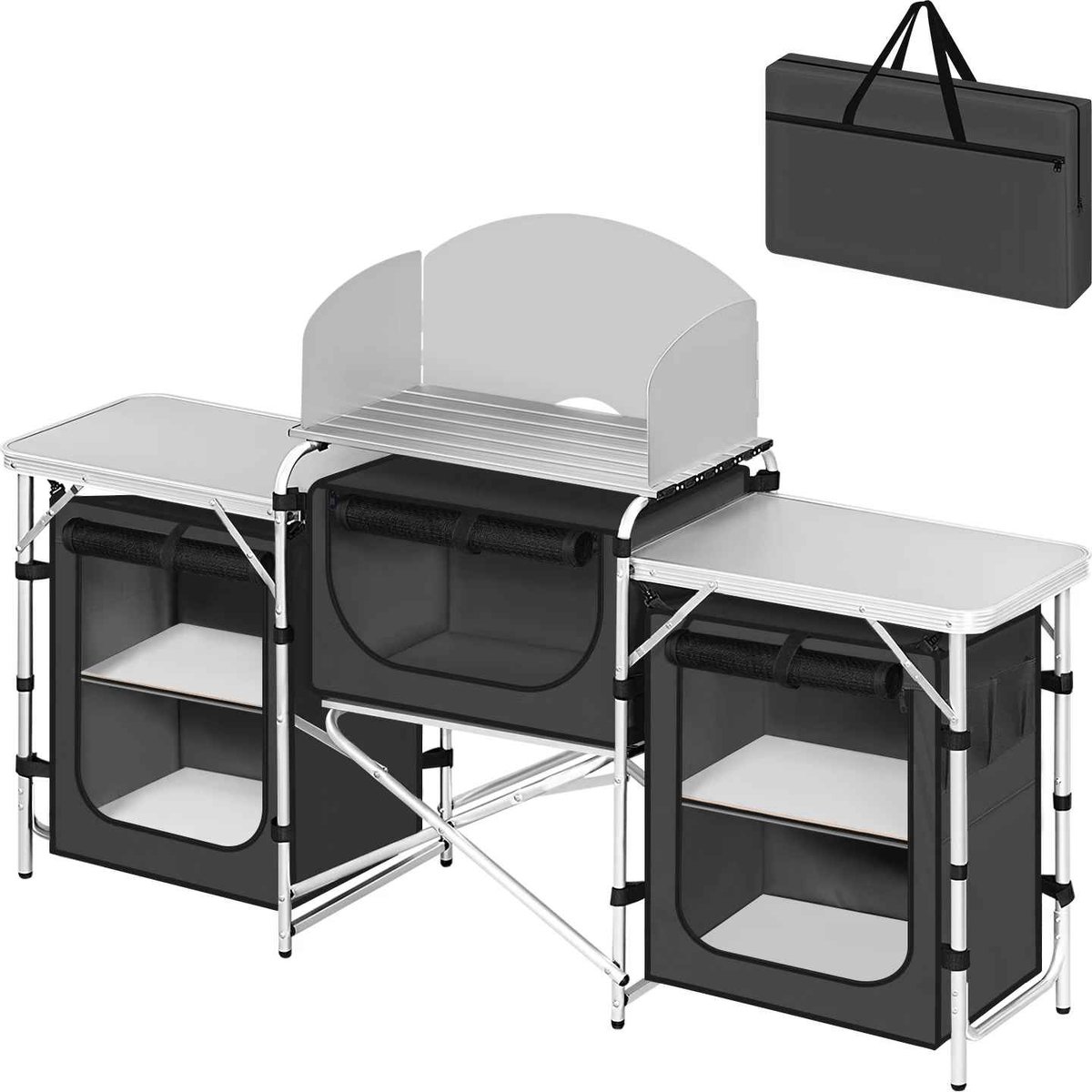 CORE Opvouwbare Campingkast - Aluminium Buitenkeuken met Werkbladen en Opbergruimte - Draagbare Campingkeuken met Opbergvakken en Draagtas - Multifunctionele Kampeerkast - Lichtgewicht en Snel Op te Zetten - 175x40x110cm - Zwart