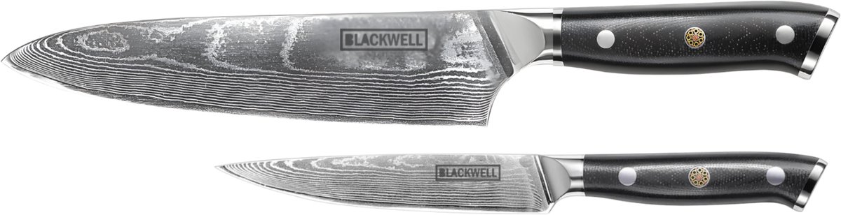 Blackwell Messenset Damascus Japanse Stijl 2-delig - Koksmes + Officemes - 67 Lagen Damaststaal VG10 - Ergonomisch Handvat