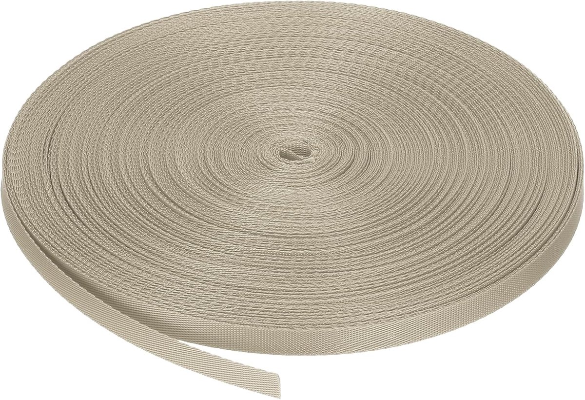 Platte nylon riem, 1 cm x 45,7 m, lichtbeige, voor reparaties, outdoor-uitrusting, rugzakken, bagagedrager, handwerk