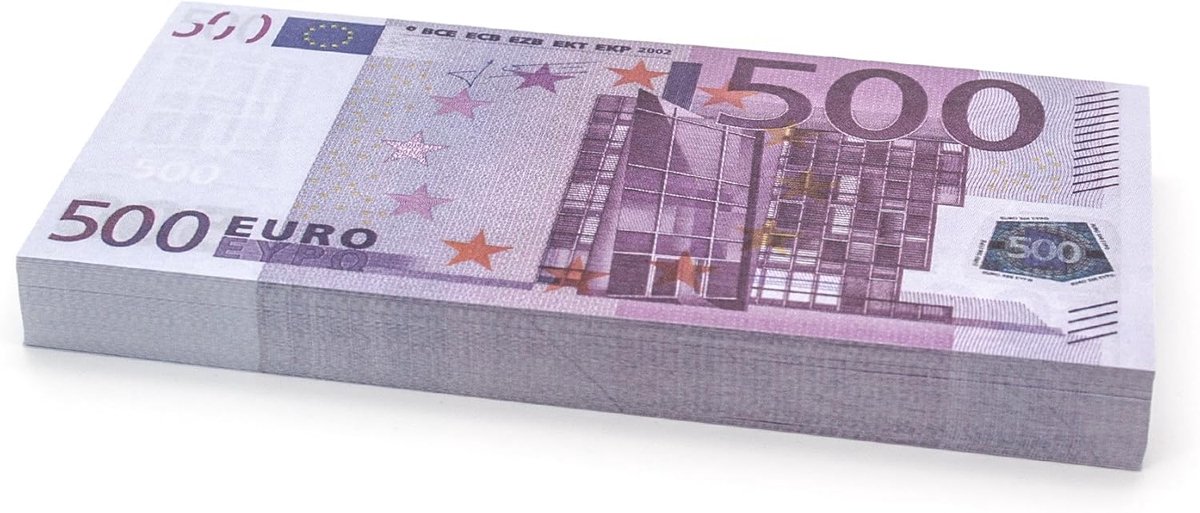 Speelgeld, 100 x € 500 euro speelgeld biljetten, verkleind tot 75 procent grootte