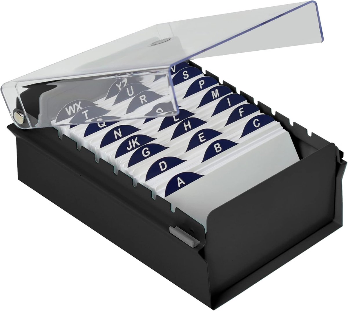 Card File Holder Index Vijlhouder 3 X 5 Organisator Metaal voet Zwaar Uitgevoerd (AZ Indexkaarten 130mm breedte x 90mm hoogte en Verdeler Inbegrepen) (Zwart Kleur met Transparant Kunststof Deksel)
