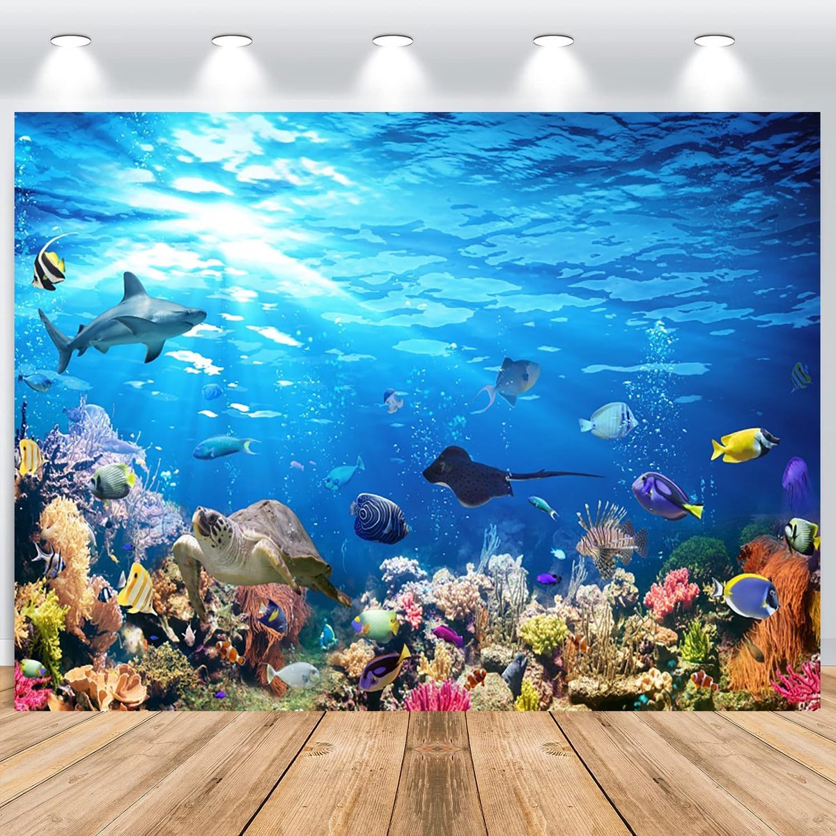 Onder de zeeachtergrond, 2,2 x 1,5 m, diepblauw, zeebodem, zeedieren, fotowand, achtergrond, vinyl fotobox, achtergrond voor kinderen, verjaardag, oceaanthemafeest, portretfoto, achtergronden